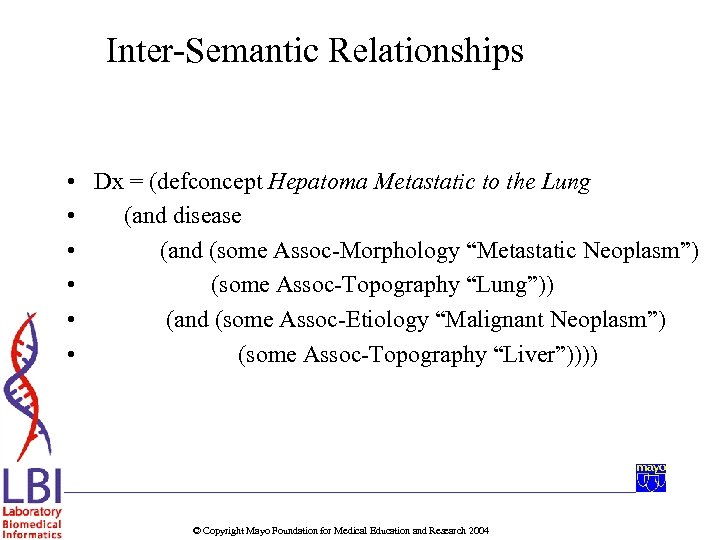 Inter-Semantic Relationships • Dx = (defconcept Hepatoma Metastatic to the Lung • (and disease