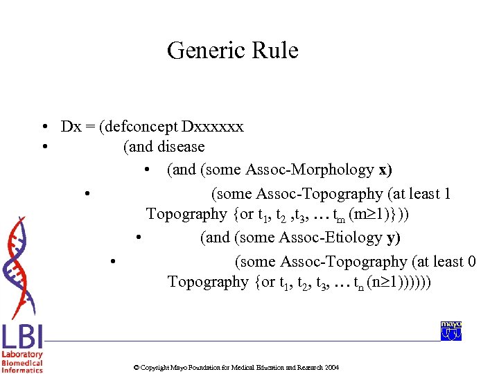 Generic Rule • Dx = (defconcept Dxxxxxx • (and disease • (and (some Assoc-Morphology