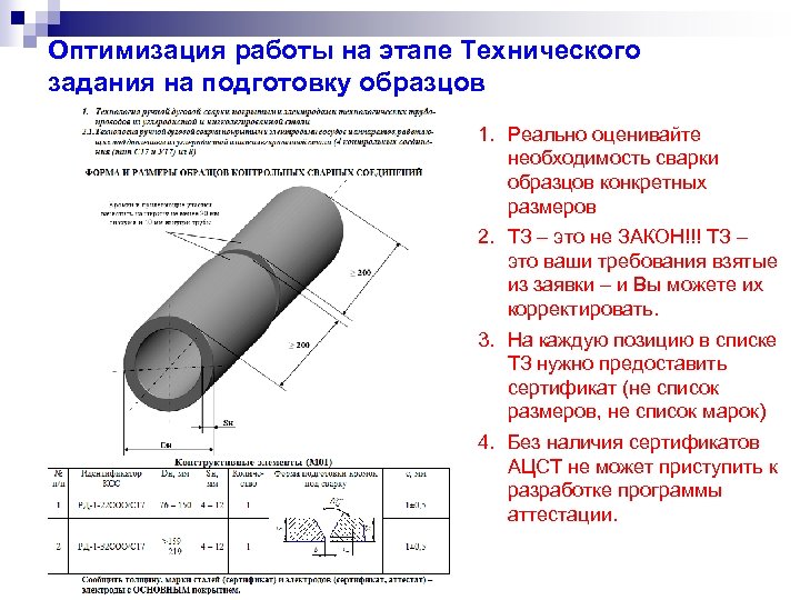 Оптимизация работы на этапе Технического задания на подготовку образцов 1. Реально оценивайте необходимость сварки