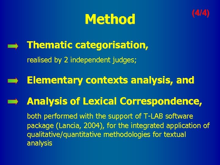 Method (4/4) Thematic categorisation, realised by 2 independent judges; Elementary contexts analysis, and Analysis