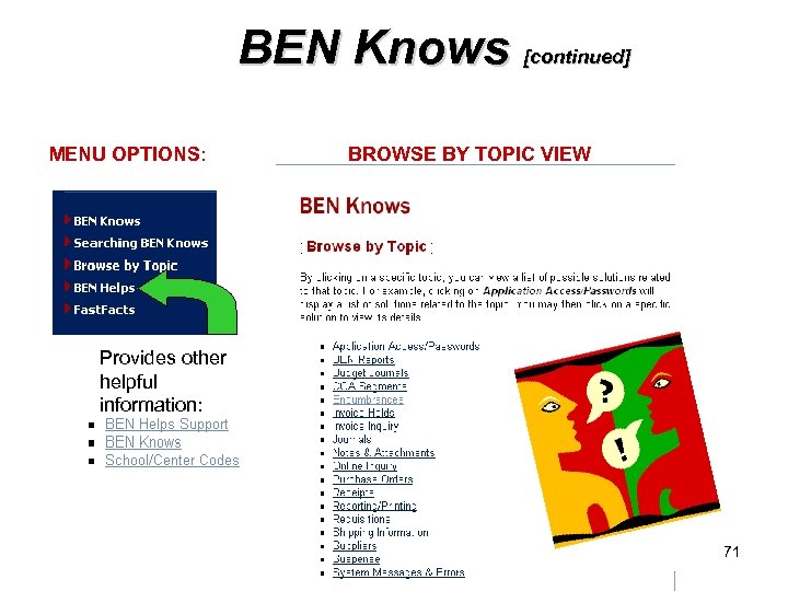 BEN Knows [continued] MENU OPTIONS: BROWSE BY TOPIC VIEW Provides other helpful information: 71