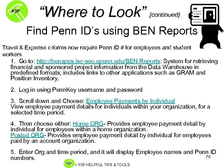 P 2 P “Where to Look” [continued] Find Penn ID’s using BEN Reports Travel