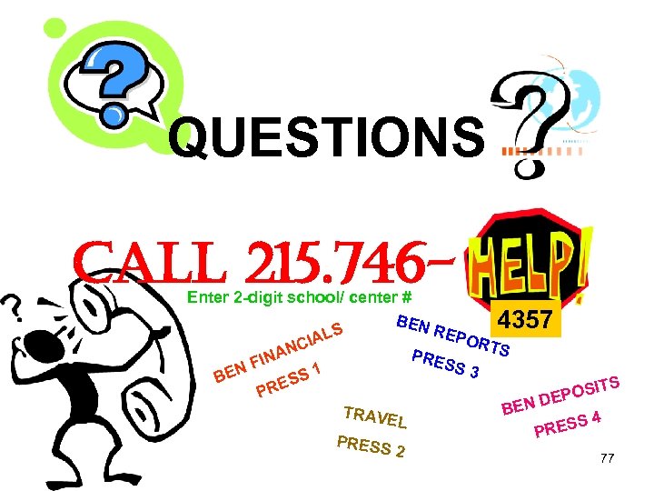 QUESTIONS Call 215. 746 - Enter 2 -digit school/ center # BEN 4357 REP