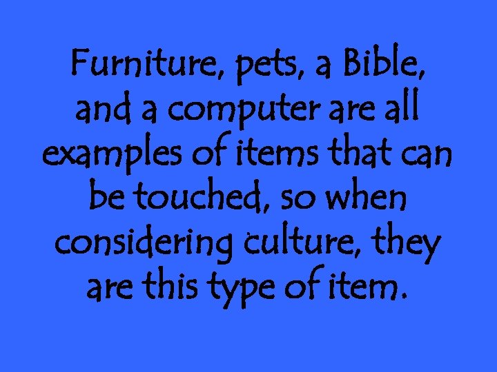 Furniture, pets, a Bible, and a computer are all examples of items that can