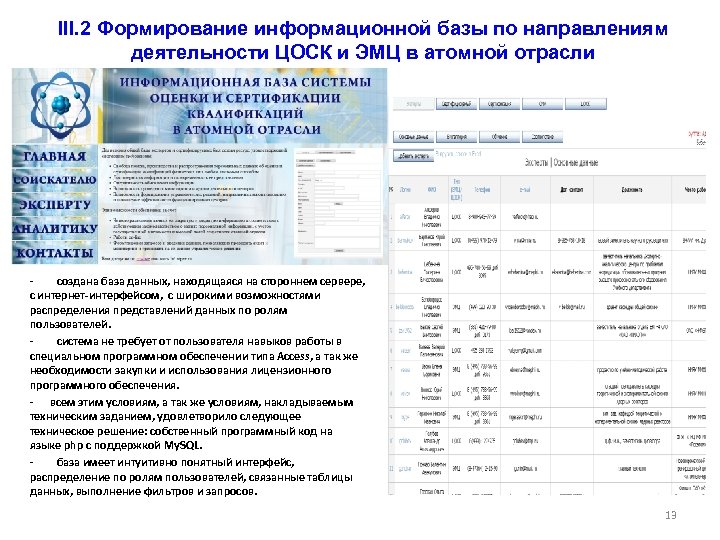 III. 2 Формирование информационной базы по направлениям деятельности ЦОСК и ЭМЦ в атомной отрасли