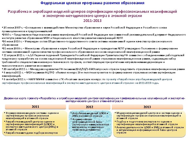 Федеральная целевая программа развития образования Разработка и апробация моделей центров сертификации профессиональных квалификаций и