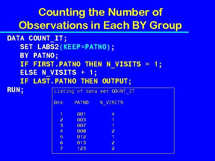 Counting the Number of Observations in Each BY Group DATA COUNT_IT; SET LABS 2(KEEP=PATNO);