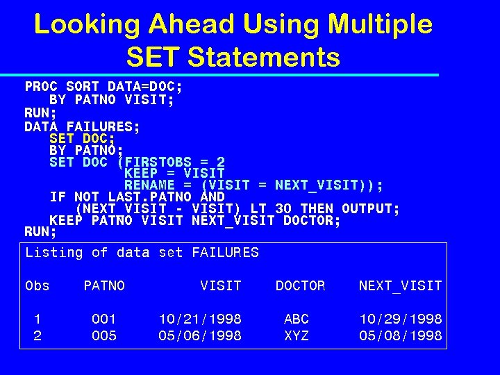 Looking Ahead Using Multiple SET Statements PROC SORT DATA=DOC; BY PATNO VISIT; RUN; DATA