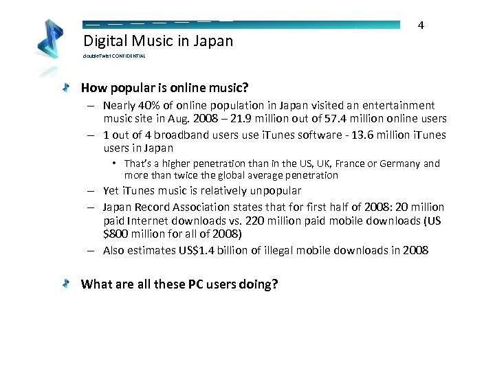 Digital Music in Japan 4 double. Twist CONFIDENTIAL How popular is online music? –