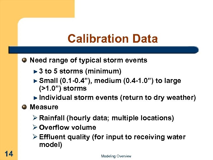 Calibration Data Need range of typical storm events 3 to 5 storms (minimum) Small