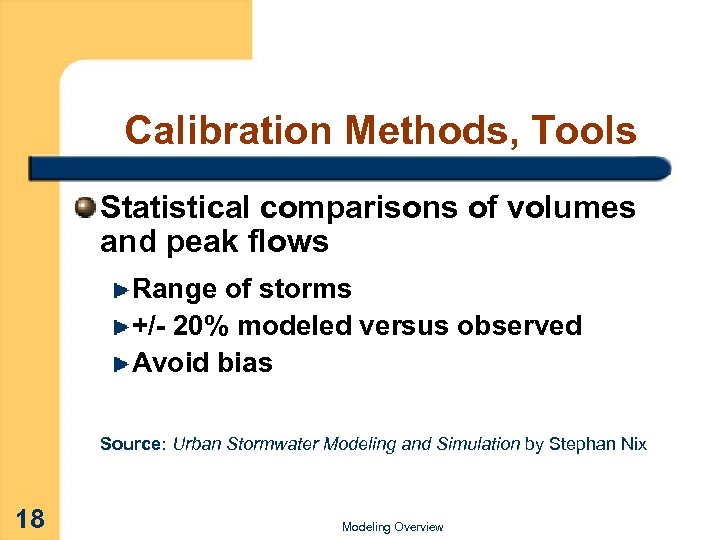 Calibration Methods, Tools Statistical comparisons of volumes and peak flows Range of storms +/-