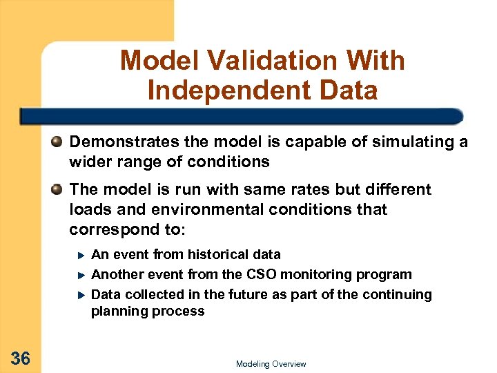 Model Validation With Independent Data Demonstrates the model is capable of simulating a wider