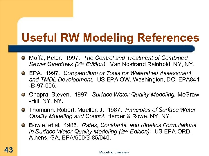 Useful RW Modeling References Moffa, Peter. 1997. The Control and Treatment of Combined Sewer