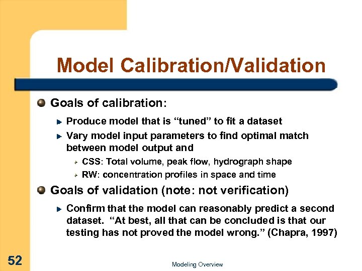 Model Calibration/Validation Goals of calibration: Produce model that is “tuned” to fit a dataset