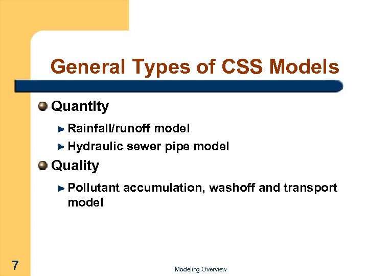 General Types of CSS Models Quantity Rainfall/runoff model Hydraulic sewer pipe model Quality Pollutant