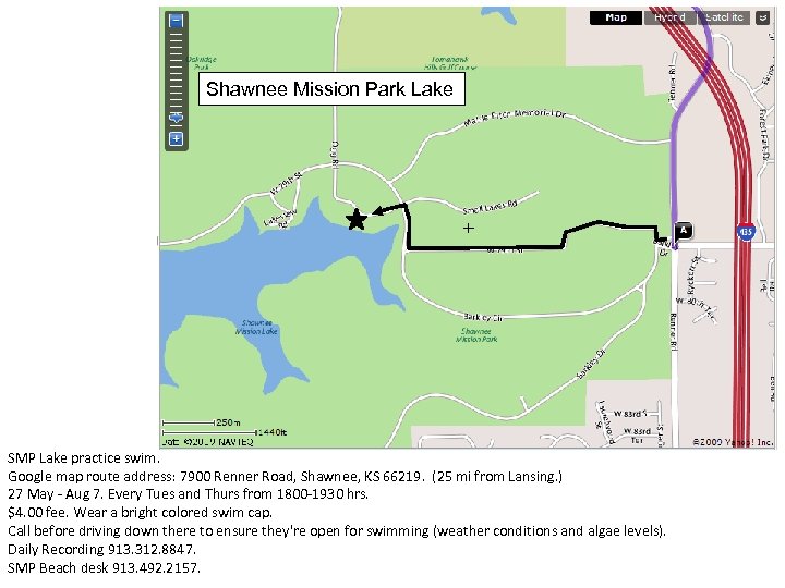 Shawnee Mission Park Lake SMP Lake practice swim. Google map route address: 7900 Renner