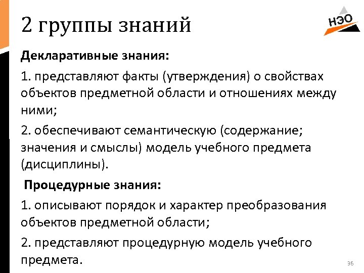 2 группы знаний Декларативные знания: 1. представляют факты (утверждения) о свойствах объектов предметной области