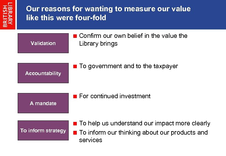 Our reasons for wanting to measure our value like this were four-fold Validation Confirm