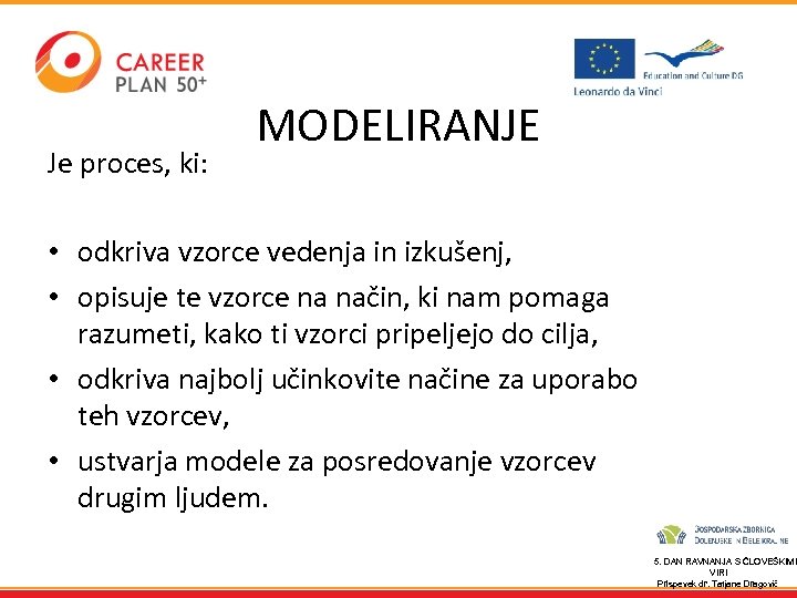 Je proces, ki: MODELIRANJE • odkriva vzorce vedenja in izkušenj, • opisuje te vzorce