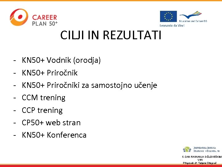 CILJI IN REZULTATI - KN 50+ Vodnik (orodja) KN 50+ Priročniki za samostojno učenje