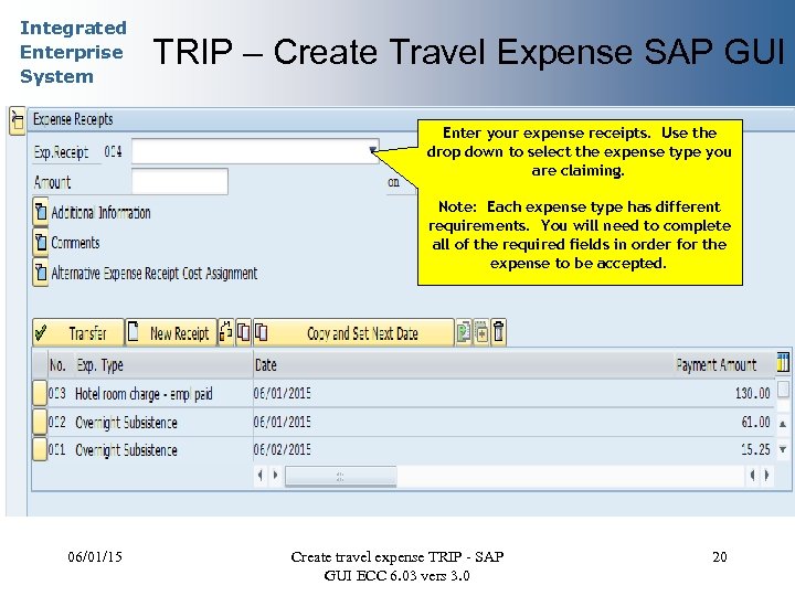 Integrated Enterprise System TRIP – Create Travel Expense SAP GUI Enter your expense receipts.