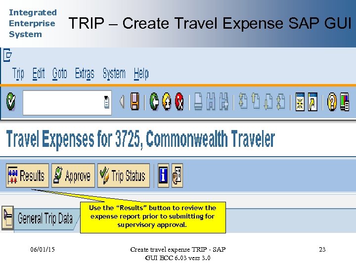 Integrated Enterprise System TRIP – Create Travel Expense SAP GUI Use the “Results” button