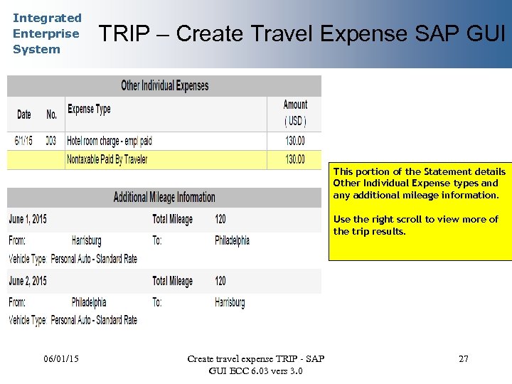 Integrated Enterprise System TRIP – Create Travel Expense SAP GUI This portion of the