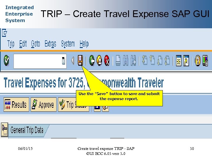 Integrated Enterprise System TRIP – Create Travel Expense SAP GUI Use the “Save” button