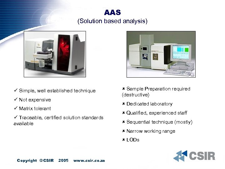 AAS (Solution based analysis) ü Simple, well established technique ü Not expensive û Sample