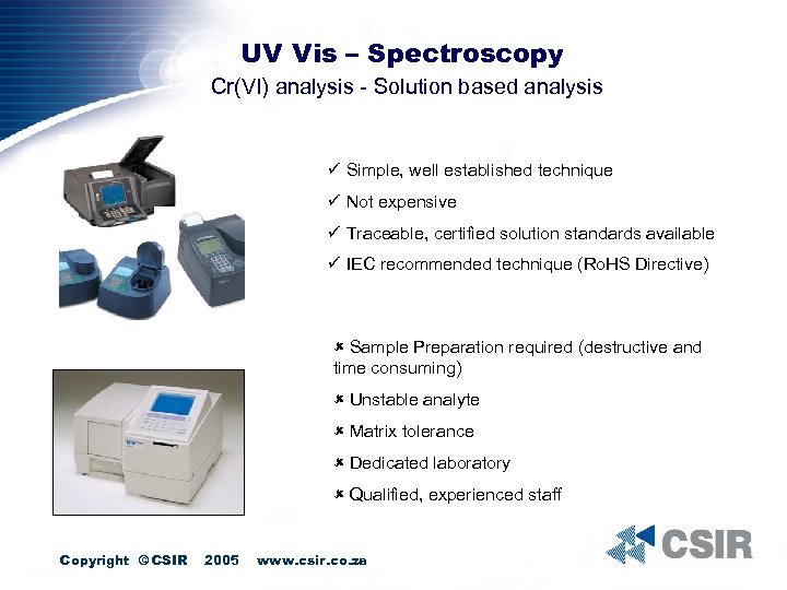 UV Vis – Spectroscopy Cr(VI) analysis - Solution based analysis ü Simple, well established