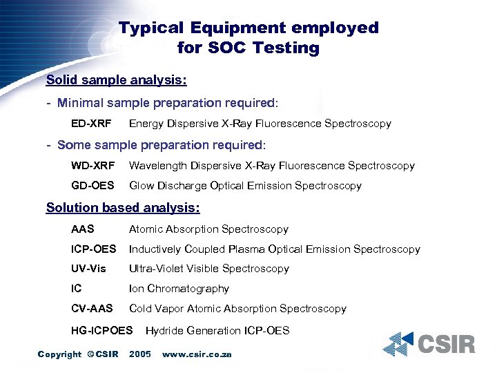 Typical Equipment employed for SOC Testing Solid sample analysis: - Minimal sample preparation required: