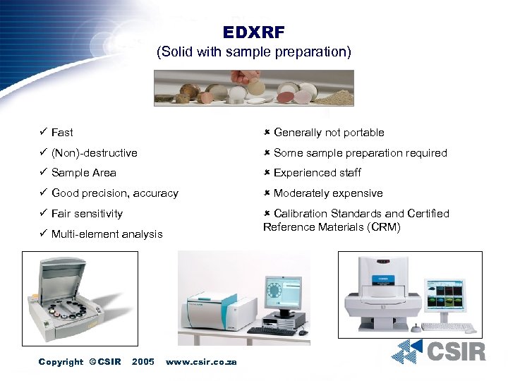 EDXRF (Solid with sample preparation) ü Fast û Generally not portable ü (Non)-destructive û