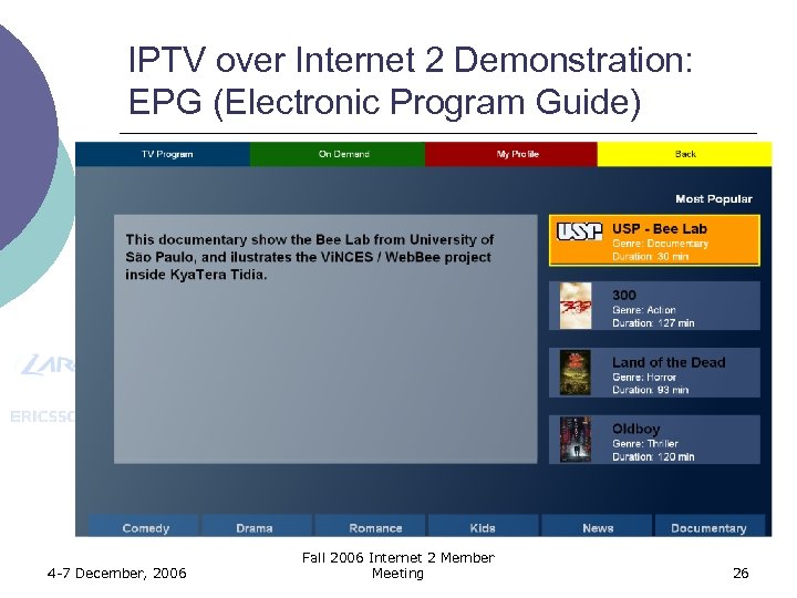 IPTV over Internet 2 Demonstration: EPG (Electronic Program Guide) 4 -7 December, 2006 Fall