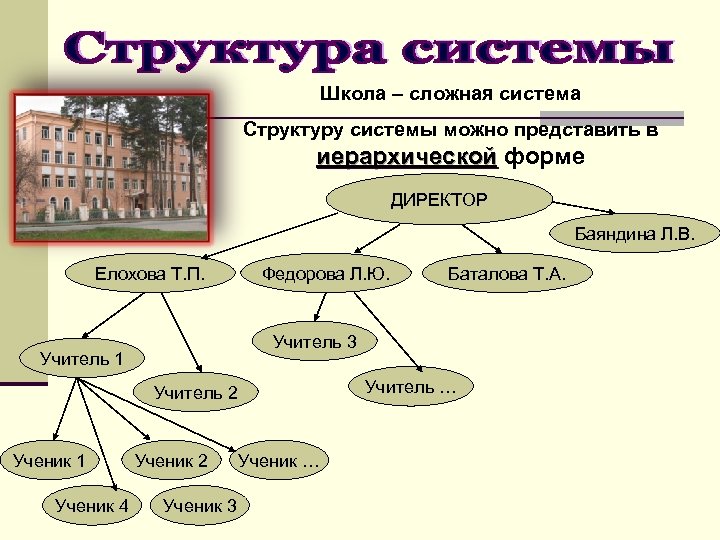 Школа – сложная система Структуру системы можно представить в иерархической форме ДИРЕКТОР Баяндина Л.