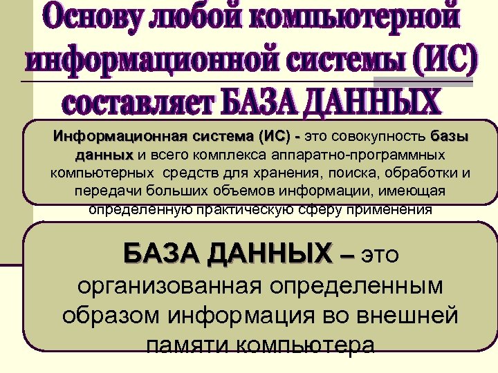 Информационная система (ИС) - это совокупность базы данных и всего комплекса аппаратно-программных компьютерных средств