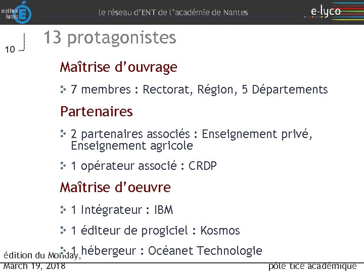 le réseau d’ENT de l’académie de Nantes 10 13 protagonistes Maîtrise d’ouvrage 7 membres