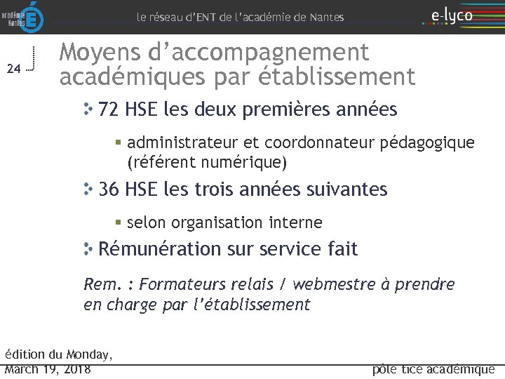 le réseau d’ENT de l’académie de Nantes 24 Moyens d’accompagnement académiques par établissement 72