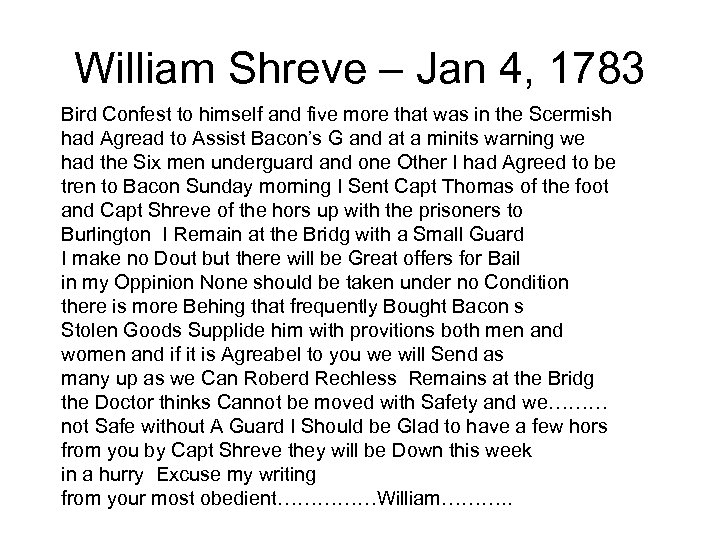 William Shreve – Jan 4, 1783 Bird Confest to himself and five more that