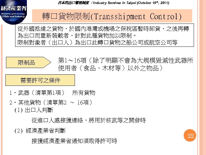 日本的出口管理制度　/ Industry Seminar in Taipei (October 19 th, 2011) 轉口貨物限制(Transshipment Control) 從外國抵達之貨物，於國內港灣或機場之保稅區暫時卸貨，之後再轉 為出口而重新裝載者，針對此種貨物加以限制。 限制對象者（出口人）為出口此轉口貨物之船公司或航空公司等