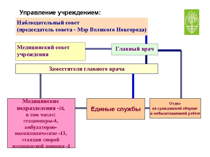 Управление учреждением: Наблюдательный совет (председатель совета - Мэр Великого Новгорода) Медицинский совет учреждения Главный