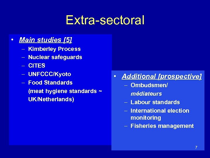 Extra-sectoral • Main studies [5] – – – Kimberley Process Nuclear safeguards CITES UNFCCC/Kyoto