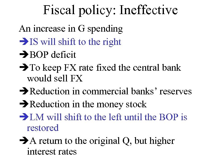 Fiscal policy: Ineffective An increase in G spending IS will shift to the right
