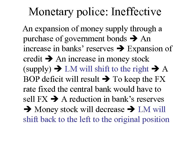 Monetary police: Ineffective An expansion of money supply through a purchase of government bonds