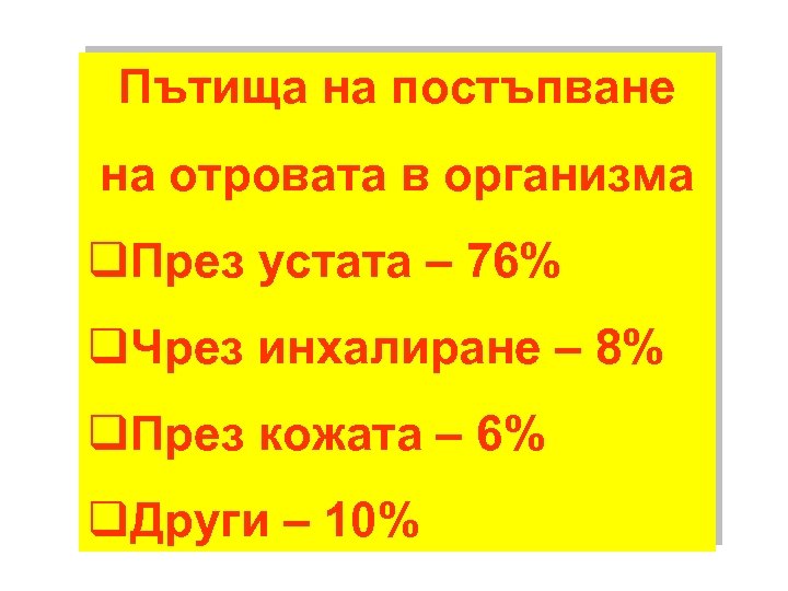 Пътища на постъпване на отровата в организма q. През устата – 76% q. Чрез