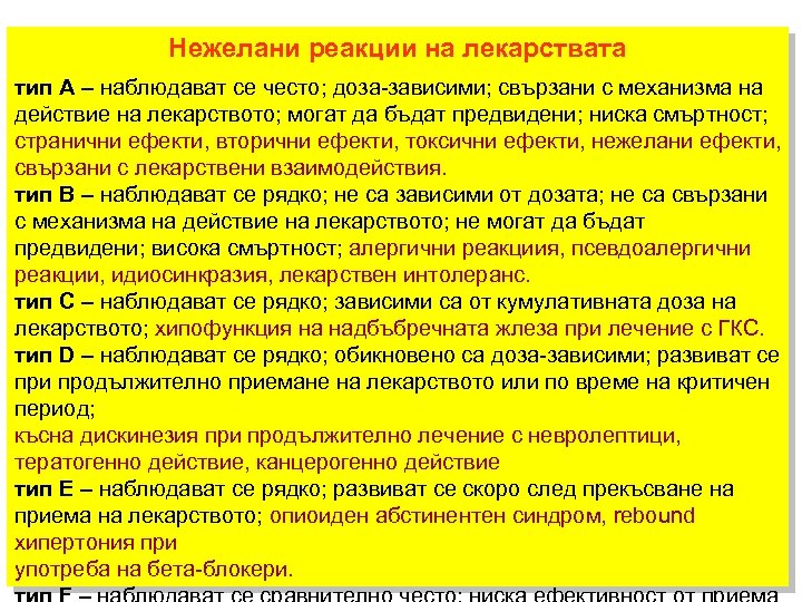 Нежелани реакции на лекарствата тип А – наблюдават се често; доза-зависими; свързани с механизма