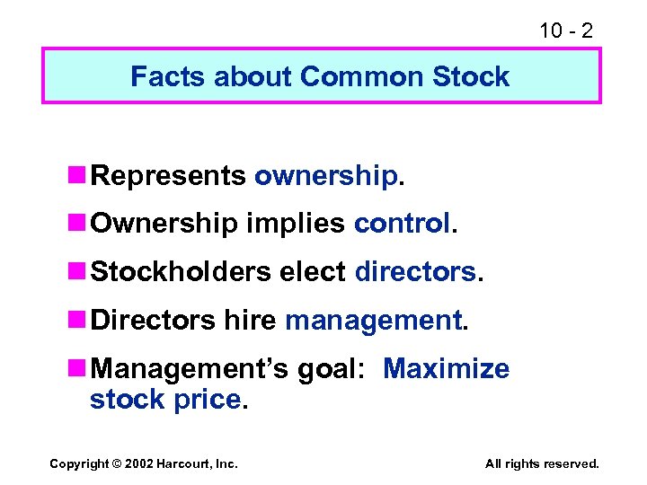 10 - 2 Facts about Common Stock n Represents ownership. n Ownership implies control.