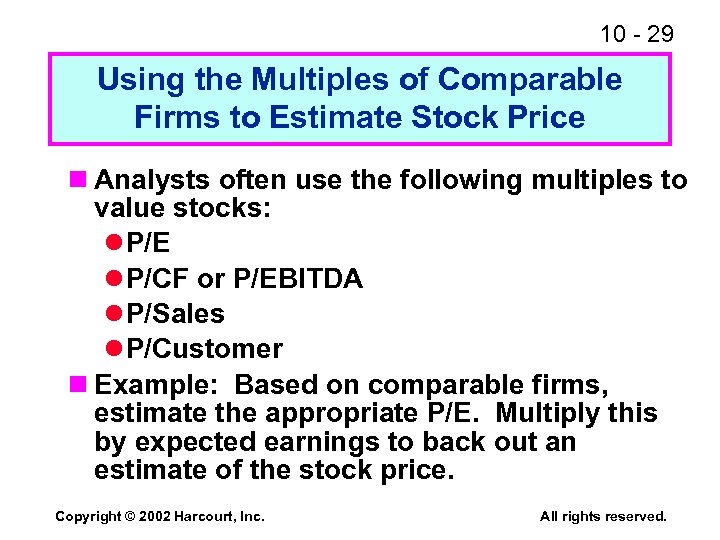 10 - 29 Using the Multiples of Comparable Firms to Estimate Stock Price n