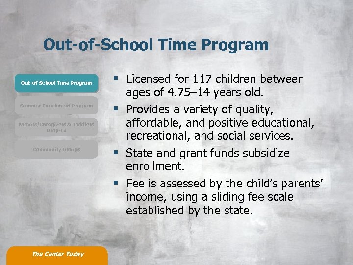 Out-of-School Time Program Summer Enrichment Program Parents/Caregivers & Toddlers Drop-In Community Groups The Center