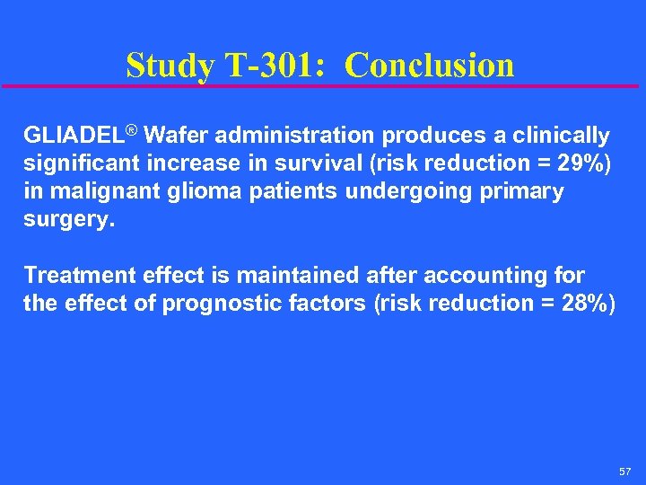 Study T-301: Conclusion GLIADEL® Wafer administration produces a clinically significant increase in survival (risk