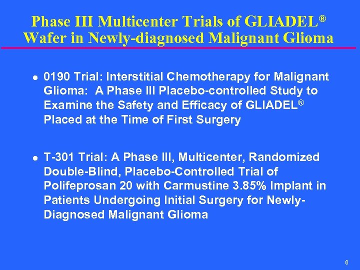 Phase III Multicenter Trials of GLIADEL® Wafer in Newly-diagnosed Malignant Glioma l l 0190